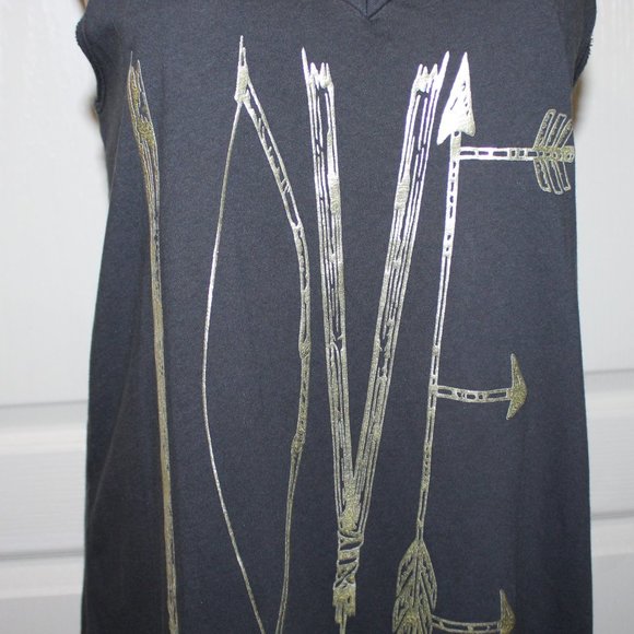 MISS ME * THE BUCKLE Size MED Gray Gold "LOVE" Low Cut V-Neck HI-LO Tunic Tank - Picture 7 of 13